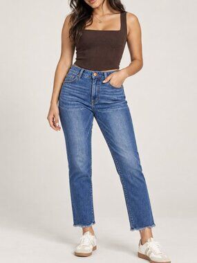 Democracy Blue High Rise Straight Leg Crop Jeans Raw Hem Size 12